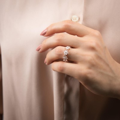 Mode Silver - Çiçek Formu Taşlı Rose Gold Gümüş Yüzük