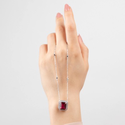 Mode Silver - Kırmızı Taşlı Klasik Görünüm Gümüş Kolye