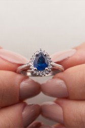 Mode Silver - Lacivert Damla Taşlı Gümüş Yüzük