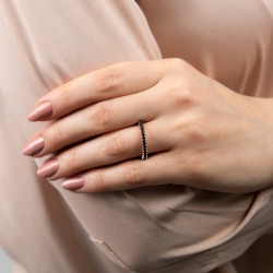 Mode Silver - Tamtur Siyah Taşlı Rose Gold Gümüş Yüzük